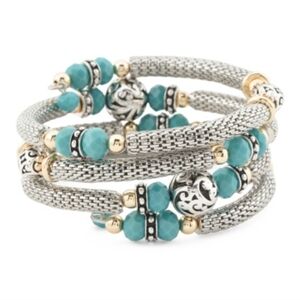 💙🔹️True To Form 🔹️Turquoise Beaded Silver and Gold Scroll Coil Bracelet